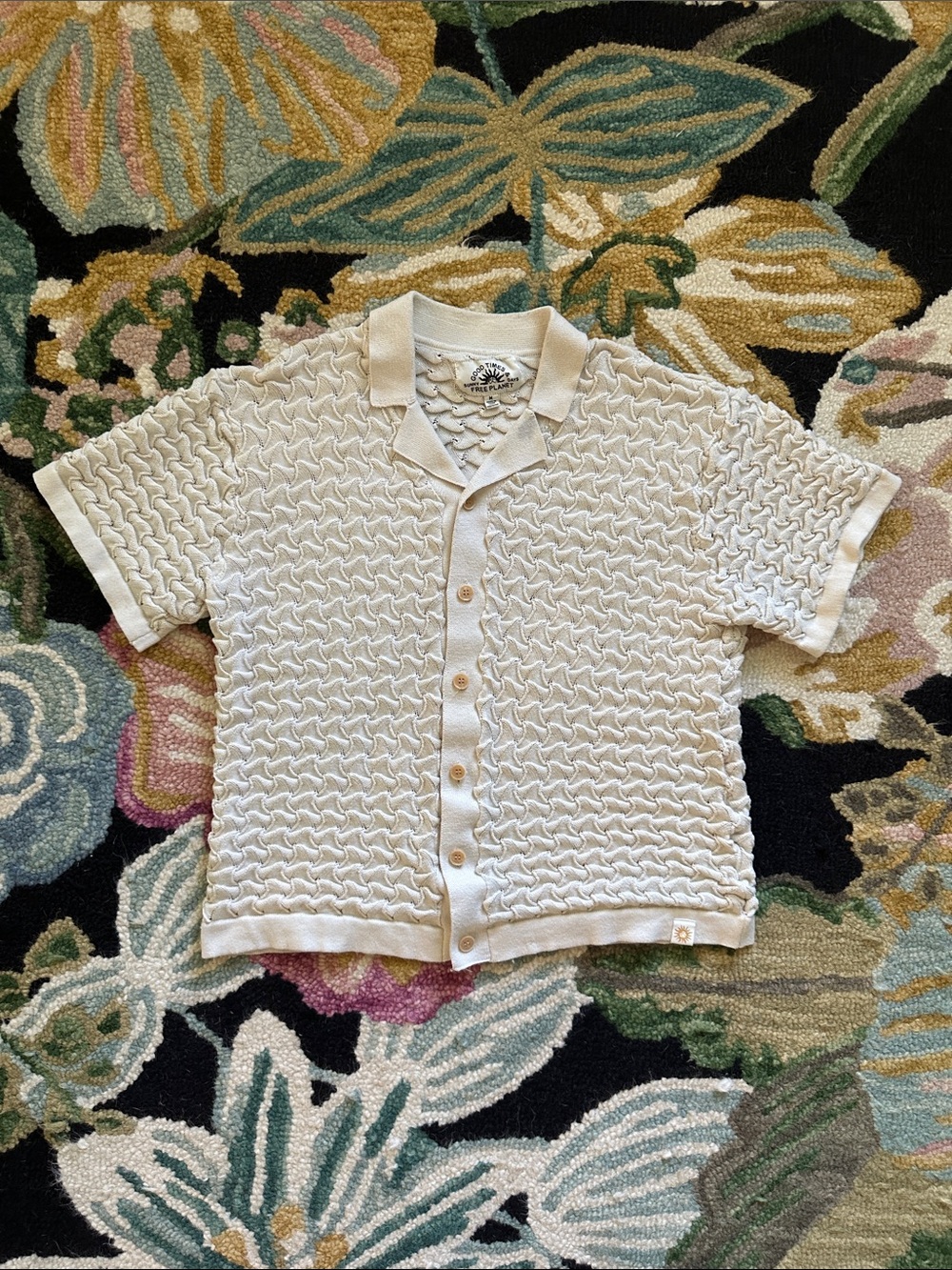 Free Planet - Cream Textured Knit Button-Front Polo